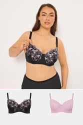 YOURS 2 PACK Plus Size Black & Pink Embroidered Padded Bras | Yours Clothing 1