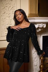 YOURS LONDON Plus Size Black Velvet Sequin Faux Fur Trim Top | Yours Clothing 3