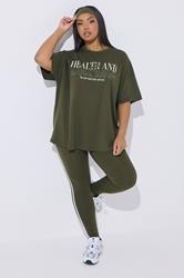 YOURS ACTIVE Plus Size Khaki Green Side Stripe Leggings | Yours Clothing 1
