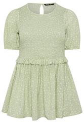 YOURS Curve Green Ditsy Floral Shirred Top