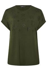 YOURS Curve Khaki Green Star Print Grown-On Sleeve T-Shirt