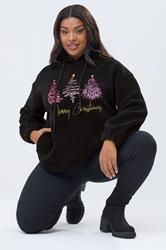YOURS Plus Size Black 'Merry Christmas' Borg Novelty Hoodie | Yours Clothing 3