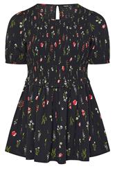 YOURS Curve Black Floral Shirred Peplum Top
