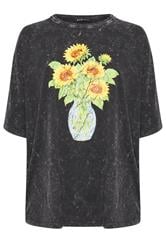 YOURS Curve Grey Acid Wash Sunflower Graphic T-Shirt