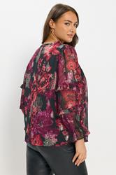 YOURS Plus Size Black & Pink Floral Metallic Tie Neck Blouse | Yours Clothing 2