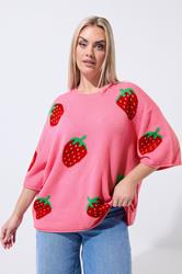 LIMITED COLLECTION Plus Size Pink Strawberry Knitted Boxy Top 1