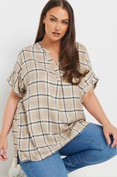 YOURS Plus Size Natural Brown Check Print Short Sleeve Shirt | Yours Clothing 1