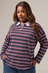 YOURS Plus Size Grey & Red Stripe Rugby Collar Top | Yours Clothing 2
