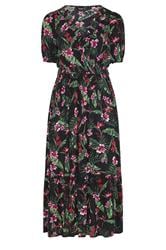 YOURS Curve Black Tropical Shirred Neck Maxi Dress