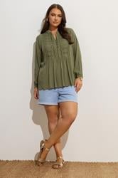 YOURS Plus Size Khaki Green Broderie Anglaise Tie Neck Blouse | Yours Clothing 2