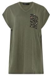 YOURS Curve Khaki Green Animal Stud Pocket T-Shirt