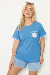 YOURS Plus Size Blue Varsity Trim Daisy T-Shirt | Yours Clothing 3