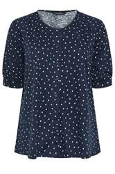 EVANS Curve Navy Blue Polka Dot Cotton Top | Evans 5