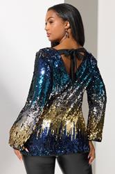 YOURS LONDON Plus Size Blue Bow Back Ombre Sequin Top | Yours Clothing 5