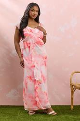 YOURS Plus Size Pink Blurred Floral Print Ruffle Maxi Dress | Yours Clothing 2