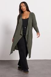 YOURS Plus Size Khaki Green Ribbed Midaxi Waterfall Cardigan | Yours Clothing 3