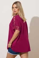 YOURS Curve Dark Pink Crochet Sleeve Boxy T-Shirt | Yours Clothing 3