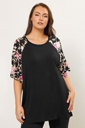 YOURS Plus Size Black Floral Raglan Sleeve T-Shirt | Yours Clothing 3