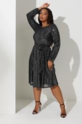 YOURS LONDON Plus Size Black Sequin Skater Midi Dress | Yours Clothing 1
