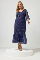 YOURS LONDON Plus Size Navy Blue Polka Dot Mesh Tiered Dress | Yours Clothing 3