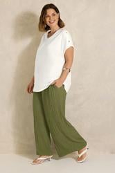 EVANS Plus Size Khaki Green Crinkle Wide Leg Trousers | Evans 3