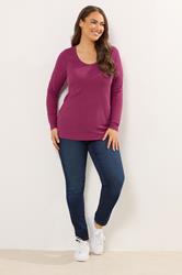 YOURS Plus Size Dark Pink Ribbed Scoop Neck Top | Yours Clothing 1