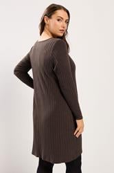 YOURS Plus Size Chocolate Brown Ribbed Flare Mini Dress | Yours Clothing 2