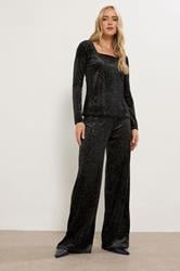 LTS Tall Black Velvet Glitter Wide Leg Trousers | Long Tall Sally  3