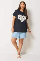 YOURS Plus Size Navy Daisy Heart Print T-Shirt | Yours Clothing 1