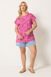 YOURS Plus Size Pink Palm Tree Trim Detail T-Shirt | Yours Clothing 1