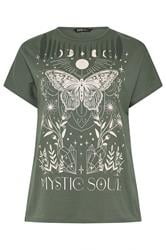 YOURS Curve Khaki Green 'Mystic Soul' Laser Cut Slogan T-Shirt