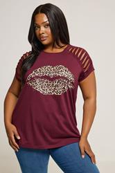 YOURS Plus Size Red Leopard Print Lips Laser Cut T-Shirt | Yours Clothing 1