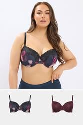 YOURSET 2 PACK Plus Size Navy Blue Floral Print T-Shirt Bras | Yours Clothing 1