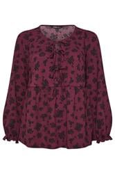 YOURS Curve Wine Red Floral Bow Front Peplum Top