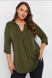 YOURS Plus Size Khaki Green Collared Pleat Front Swing Top | Yours Clothing 1