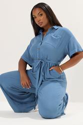 YOURS Plus Size Blue Wide Leg Chambray Jumpsuit | Yours Clothing 1