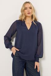 LTS Tall Women's Navy Blue Dobby Spot Shirred Cuff Top | Long Tall Sally 3