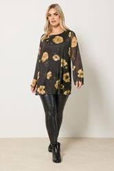 YOURS Plus Size Brown Floral Mesh Swing Top | Yours Clothing 1