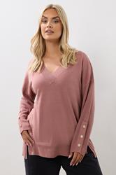 YOURS Plus Size Light Pink Button V-Neck Jumper | Yours Clothing 3