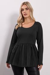 YOURS Plus Size Black Mixed Rib Peplum Top | Yours Clothing 2