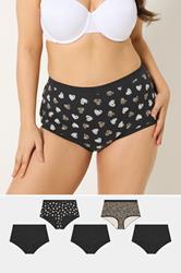 YOURSET 5 PACK Plus Size Black Animal Heart High Waisted Full Briefs | Yours Clothing 1