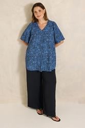 EVANS Plus Size Navy Blue Floral Pleat Front Angel Sleeve Top | Evans 1