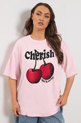 YOURS Plus Size Pink 'Cherish' Cherry Slogan T-Shirt | Yours Clothing 3