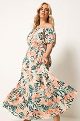 YOURS Plus Size Cream Leaf Tie Neck Bardot Maxi Dress | Yours Clothing 2