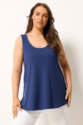 YOURS Plus Size Cobalt Blue Contrast Blanket Stitch Ribbed Vest Top | Yours Clothing 3