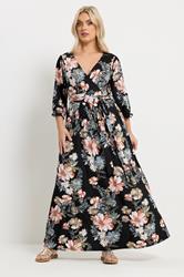 YOURS Plus Size Black Floral V-Neck Wrap Dress | Yours Clothing 1