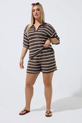 LIMITED COLLECTION Plus Size Chocolate Brown Stripe Crochet Shorts | Yours Clothing 1