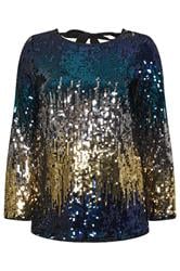 YOURS LONDON Curve Blue Bow Back Ombre Sequin Top