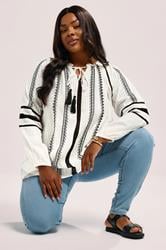YOURS Plus Size Cream Embroidered Tie Neck Blouse | Yours Clothing 3