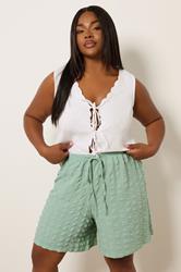 YOURS Plus Size Sage Green Textured Tie Waist Shorts | Yours Clothing 1